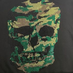 Philipp Plein Rhinestone Skull Crew Neck Long Sleeve Sweater Men Black Green EUC